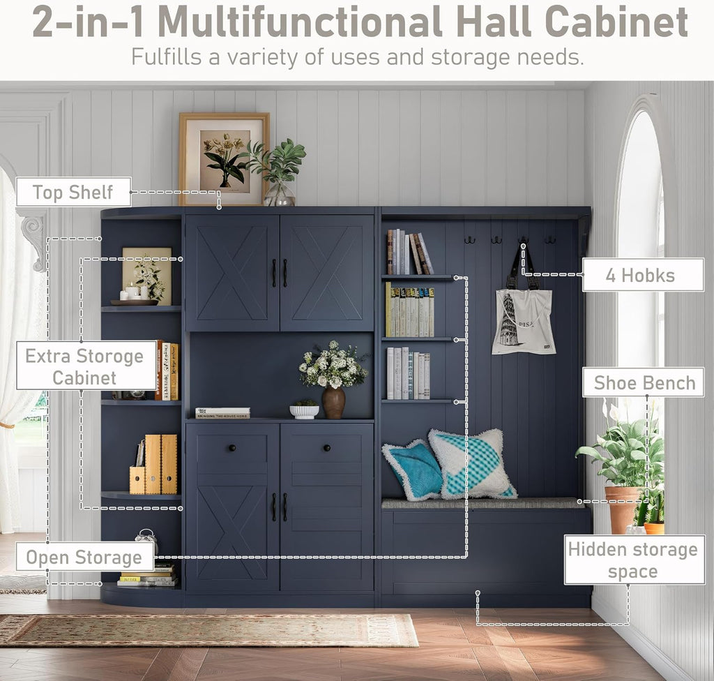 SOFTSEA Wide Entryway Hall Tree with Bench, Left-Right Combination Mudroom Cabinet with Drawers & Storage Cabinets, Can Be Used Separately, Large Hall Cabinet with 4 Hooks, Antique Blue