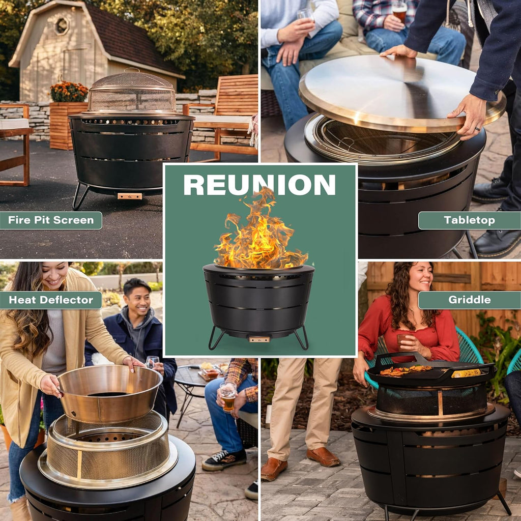 TIKI 27.5-Inch Smokeless Reunion Fire Pit, Large Outdoor Fire Pit for Gatherings, Wood Burning with Removable Ash Pan & Weather-Resistant Cover, Modern Black Design – Perfect for Patio & Backyard