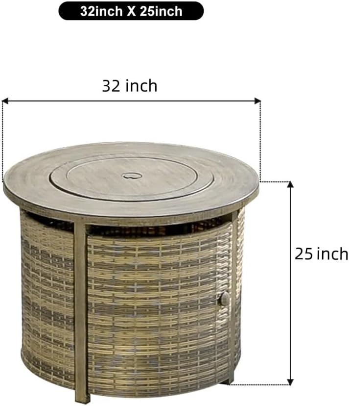 OutVue 32 inch Propane Fire Pit Table,Wicker Gas Fire Pits Table with Lid & Lava Rocks, 50000 BTU Round Propane Firepit for Outside, Fire Table for Dining,Party, Patio,Yard