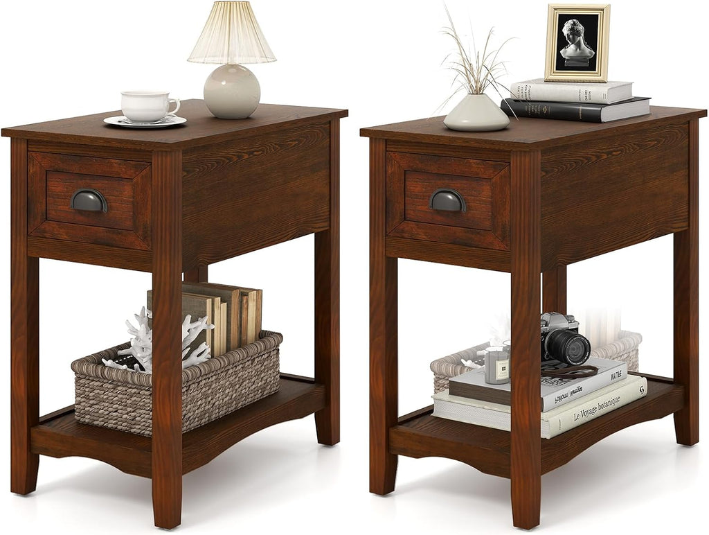 Giantex End Table with Drawer Set of 2, Retro Narrow Side Table, Nightstand with Solid Wood & Storage Shelf, Bedside Table for Living Room Bedroom Small Space Home Office (2, Walnut)
