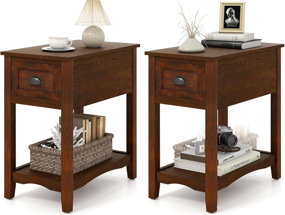 Giantex End Table with Drawer Set of 2, Retro Narrow Side Table, Nightstand with Solid Wood & Storage Shelf, Bedside Table for Living Room Bedroom Small Space Home Office (2, Walnut)
