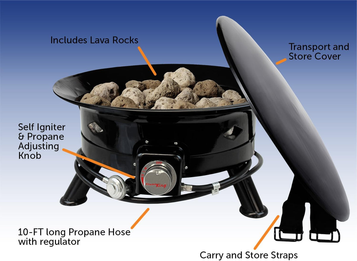 Flame King Smokeless Propane Fire Pit, 24-inch Portable Firebowl, 58K BTU with Self Igniter, Cover, & Carry Straps for RV, Camping, & Outdoor Living