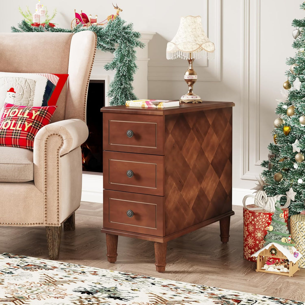 Tribesigns Solid Wood End Table, Fully Assembled Narrow Side Table with Drawers, Pre-Assembled Nightstand Slim Bedside Table for Small Spaces, Living Room, Bedroom, Brown