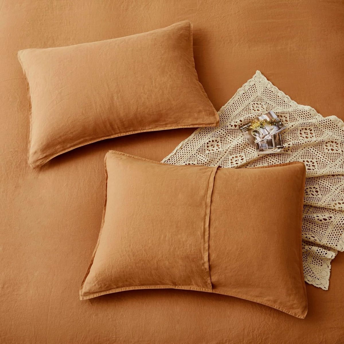 ATLINIA 100% Flax Linen Duvet Cover Set - Stone Washed Pure French Linen Organic Fabric for Farmhouse Comforter Boho Bedding Included 1 Duvet Cover 2 Pillow Shams(Rust, Queen)