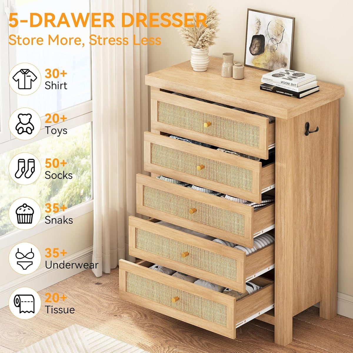 Natural Rattan Dresser for Bedroom with 5 Drawers, Wood Boho Chest of Drawers with Gold Metal Handle, Matte Top Bedroom Tall Dresser with Large Drawers for Living Room, Closet, Hallway, (Nartual)