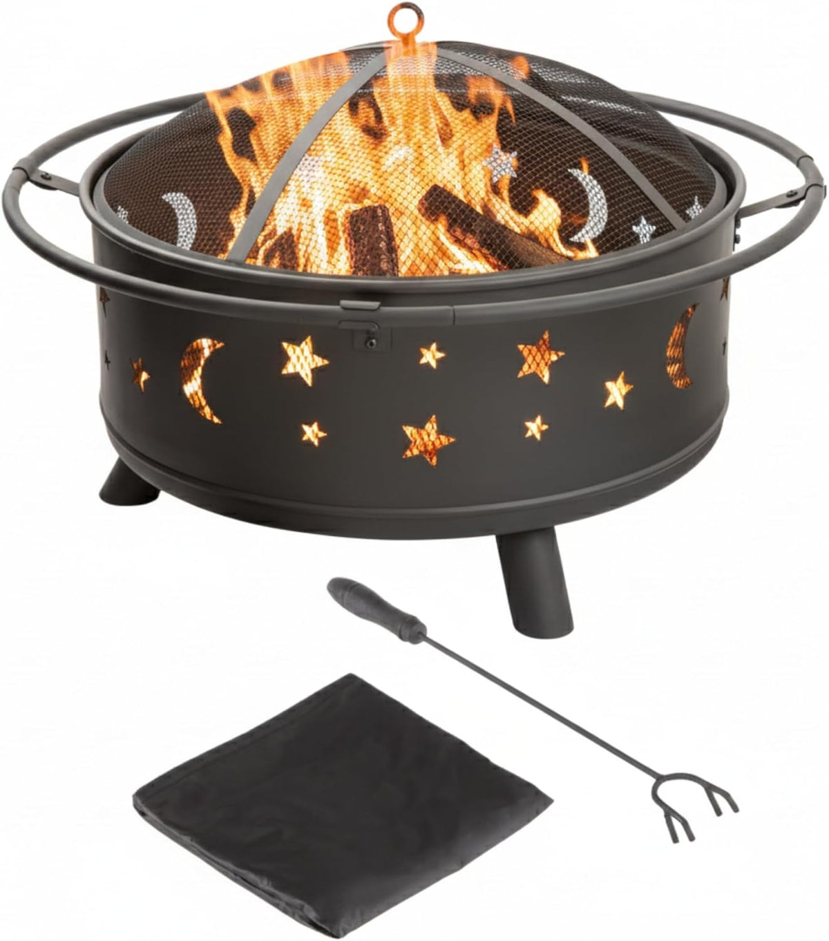 Fire Pit - 32-Inch Outdoor Wood Burning Firepit with Screen, Poker, and Cover - Outdoor Fire Pits for Backyard, Deck, or Patio by Pure Garden (Black)