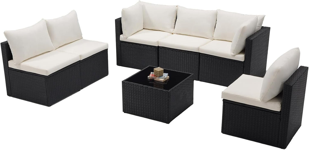 DUMOS 7 Piece Outdoor Patio Sectional Sofa, Modular Wicker Furniture Set with 2.8" Thick Cushions, Adjustable Feet, Weather-Resistant Rattan Outdoor Couch for Backyard, Deck, Garden, Poolside, Black