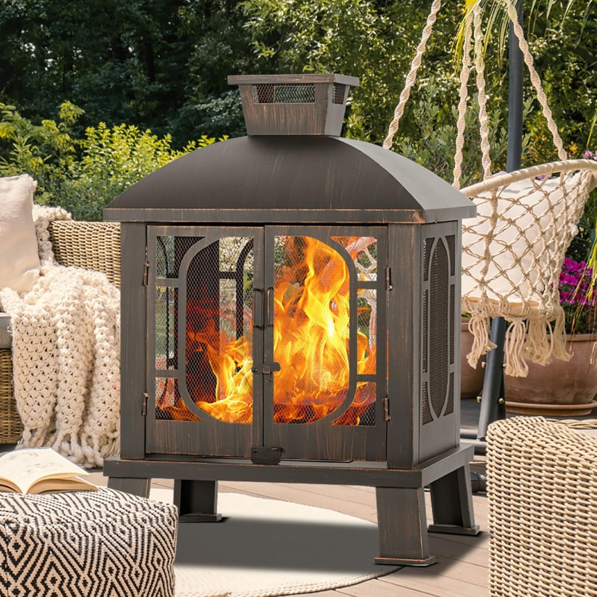 Panovue 45" H×31''W Metal Chiminea Fire Pit with Grill, Wood Burning Fire Pits for Outside,Square Chimineas Fireplace with Mesh Spark Screen Door& Fire Poker for Garden,Yard,BBQ,Bonfire (Black&Gold)