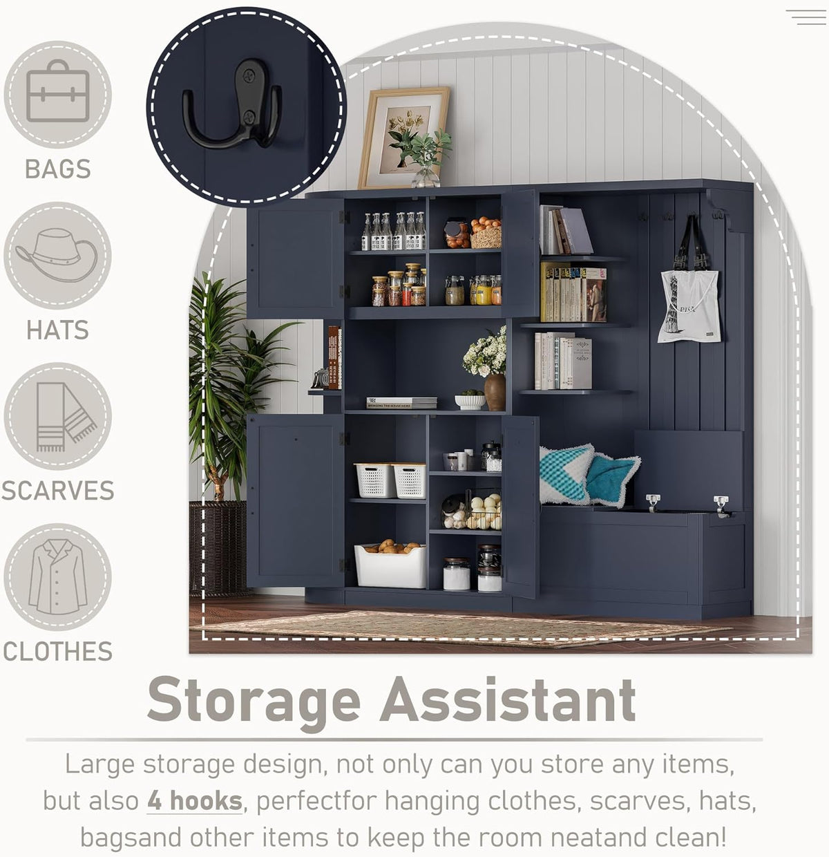 SOFTSEA Wide Entryway Hall Tree with Bench, Left-Right Combination Mudroom Cabinet with Drawers & Storage Cabinets, Can Be Used Separately, Large Hall Cabinet with 4 Hooks, Antique Blue