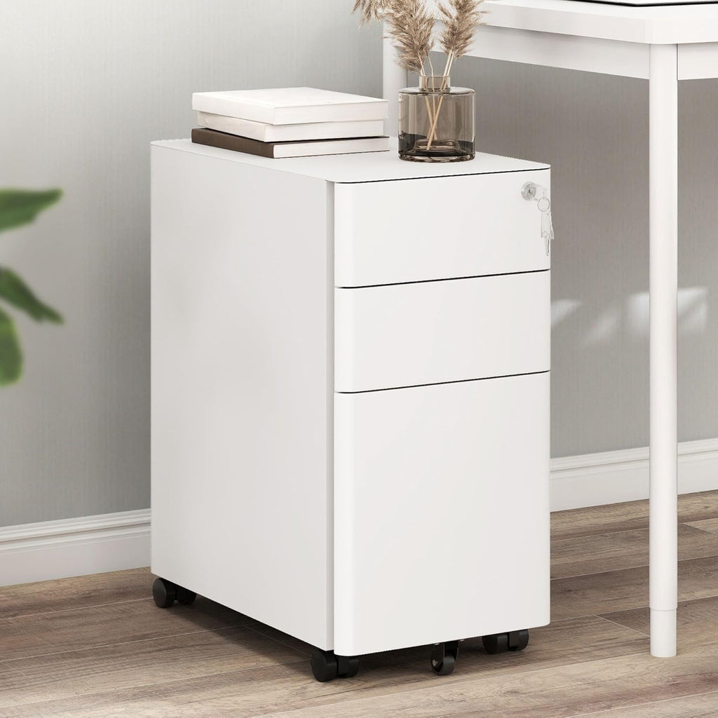 YITAHOME 3-Drawer File Cabinet, Lockable Mobile Filing Cabinet for A4/Letter/Legal Size Folder, Vertical File Cabinet for Home Office, Installed Except Casters, White