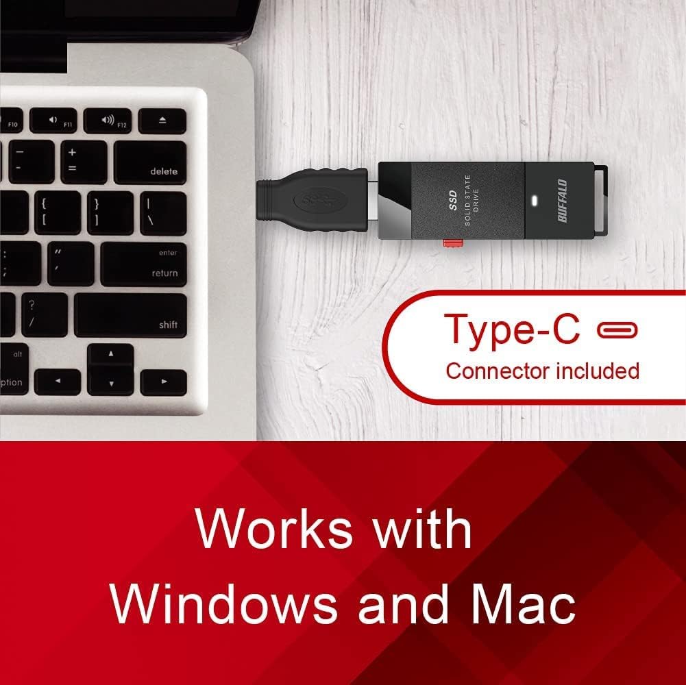 BUFFALO External SSD 1TB - Up to 600MB/s - USB-C - USB-A - USB 3.2 Gen 2 (Compatible with PS4 / PS5 / Windows/Mac) - External Solid State Drive Stick - ‎‎SSD-PUT1.0U3B
