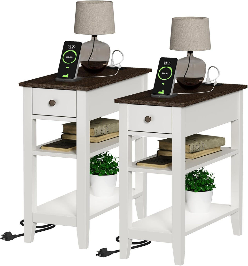 ChooChoo Farmhouse end Table Living Room Set of 2, Sofa Side Table Living Room with Charging Station,Narrow Night Stand with USB Ports & Power Outlets and Hidden Drawer
