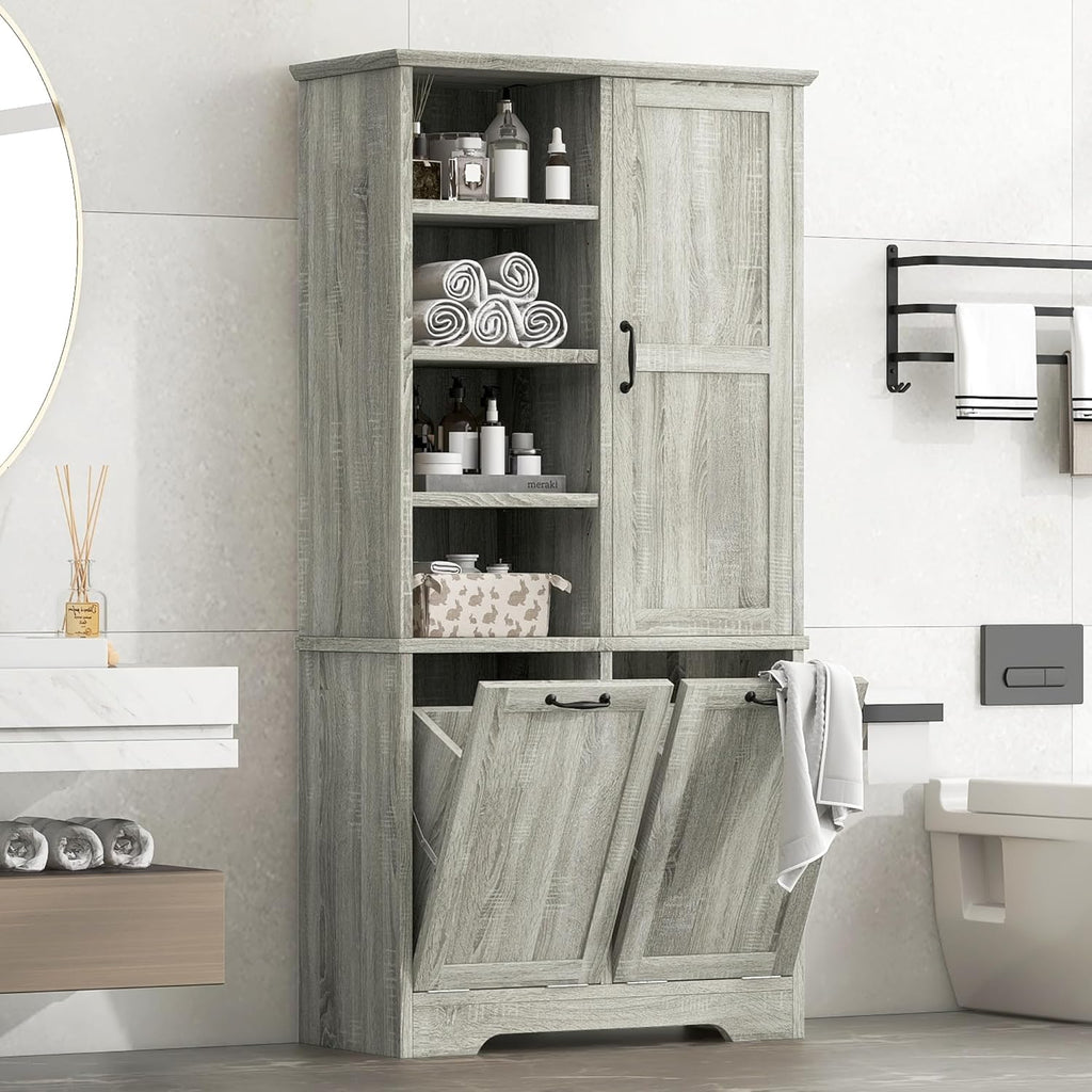 Merax Tall Storage Cabinet with Door and Shelves, Bathroom Storage with 2 Tip-Out Laundry Hamper and Adjustable Shelf, Oak