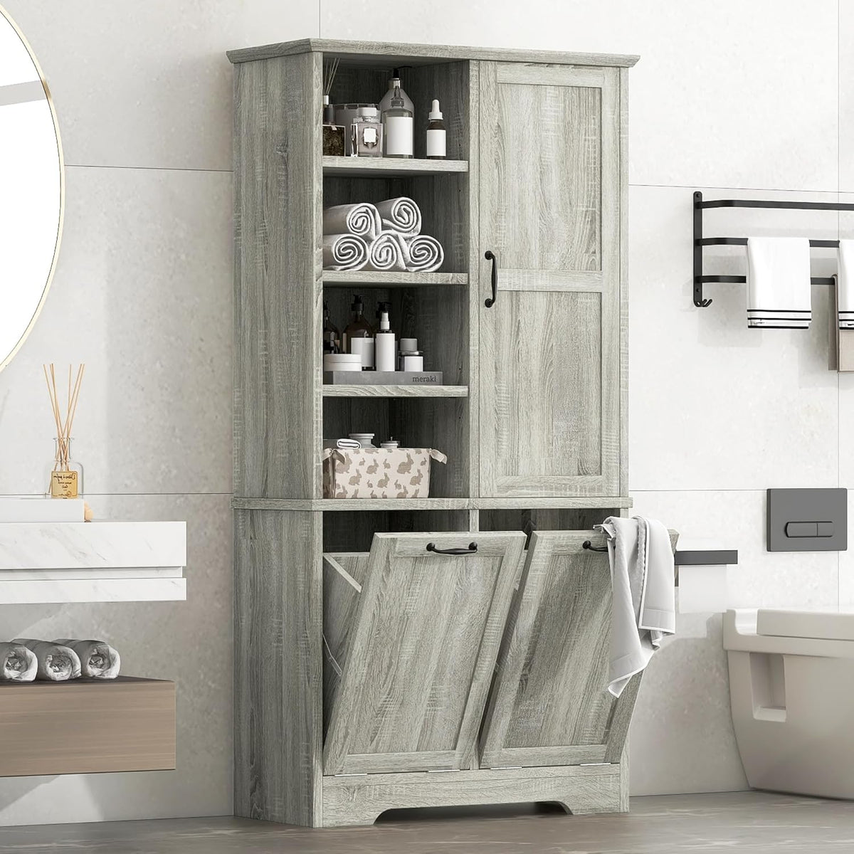 Merax Tall Storage Cabinet with Door and Shelves, Bathroom Storage with 2 Tip-Out Laundry Hamper and Adjustable Shelf, Oak