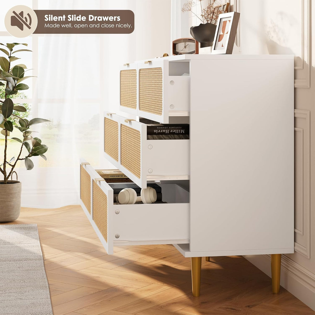 GarveeHome Rattan 6 Drawer Dressers for Bedroom, Large Double Dresser with Deep Drawers, Chest of Drawers for Closet with Wide Top, Long Wooden Dresser for Living Room, Hallway, Kids Room, White
