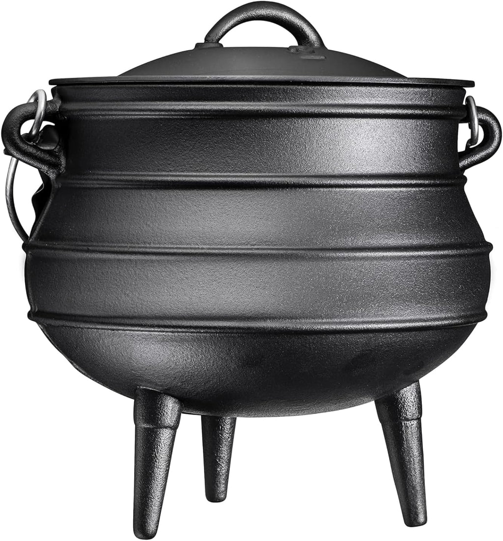Bruntmor 12 Quart Cast Iron Dutch Oven Cauldron Pot - Camping Cookware with Lid - Pre-Seasoned Heavy-Duty Potjie for Stews, Soups, Braising, and Frying Over Fire Pit Grill or Camp Stove - Black