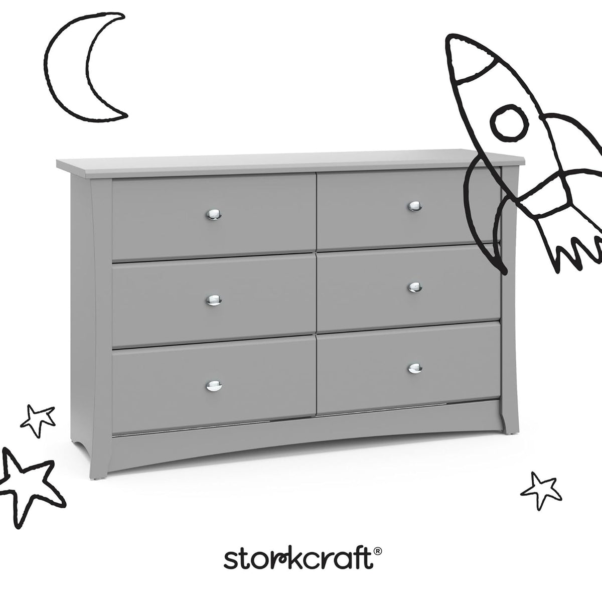 Storkcraft Crescent 6-Drawer Dresser (Pebble Gray) – GREENGUARD Gold Certified, Gray Dresser for Bedroom, Kids & Nursery Storage Chest, Safety Interlocking Drawers, Pre-Installed Tracks, Kids Chest