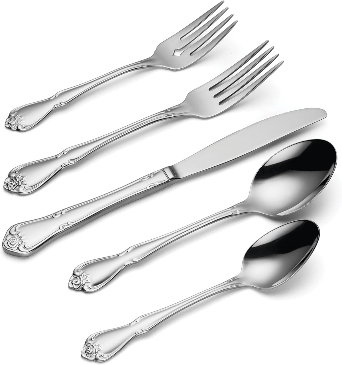 Oneida True Rose 45 Piece Everyday Flatware, Service for 8, 18/0 Stainless Steel, Silverware Set, Silver