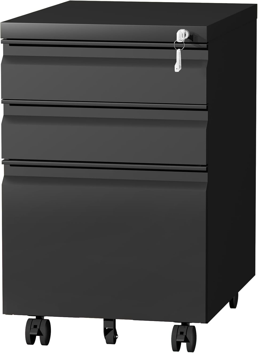 3 Drawer File Cabinet on Wheels,25.6" H Black Filing Cabinet with Lock,Under Desk Metal File Cabinet for Home Office Organizer Letters/Legal/A4(Fully Assembled)