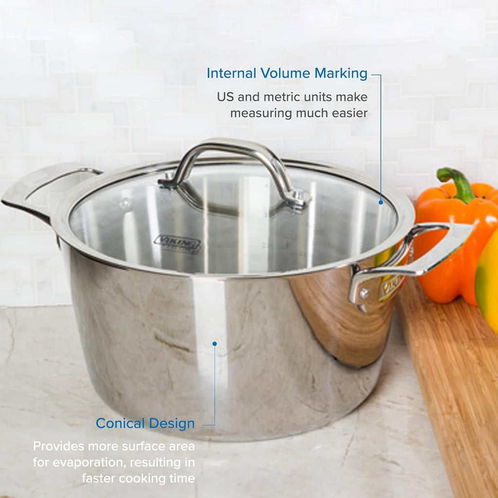 Viking Contemporary 3-Ply Dutch Oven, 5.2 Quart Stainless Steel Cookware Pot with Glass Lid, Dishwasher and Oven Safe, Induction Ready, Silver