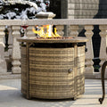 OutVue 32 inch Propane Fire Pit Table,Wicker Gas Fire Pits Table with Lid & Lava Rocks, 50000 BTU Round Propane Firepit for Outside, Fire Table for Dining,Party, Patio,Yard